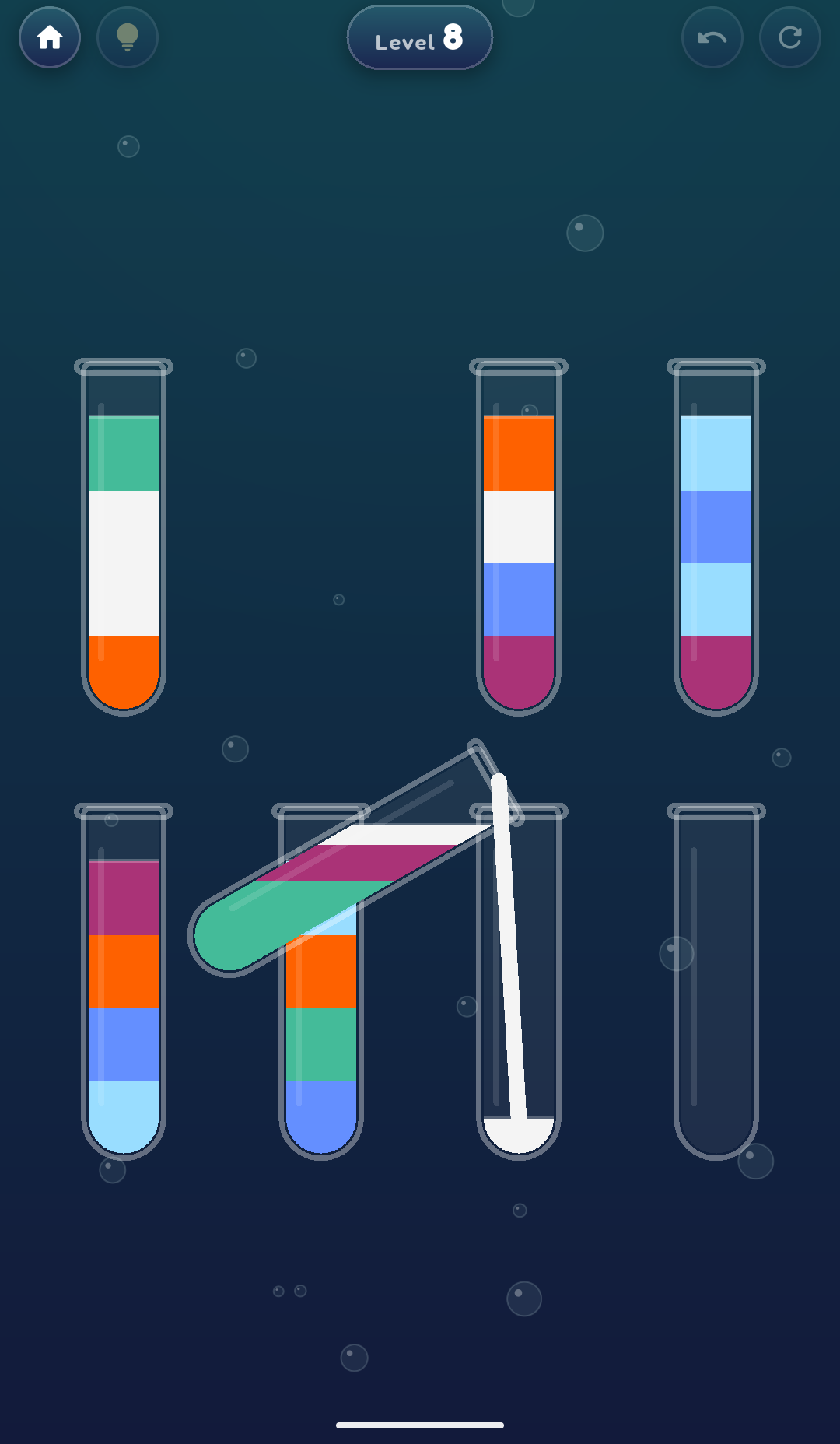 Level 8: a green vial tips over and pours a stream of white liquid into an empty vial, on a deep-sea blue background with rising bubbles.