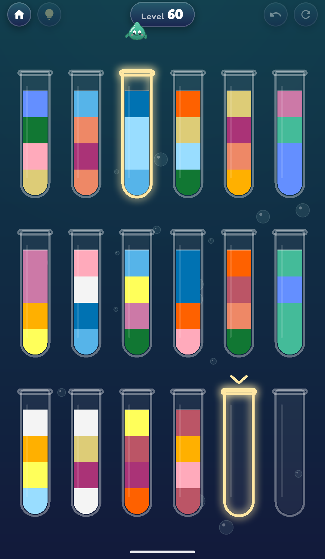 Level 60 with sixteen colours in eighteen vials. A hint is showing: two vials glow gold, and Glug the water drop peeks out under the level number.