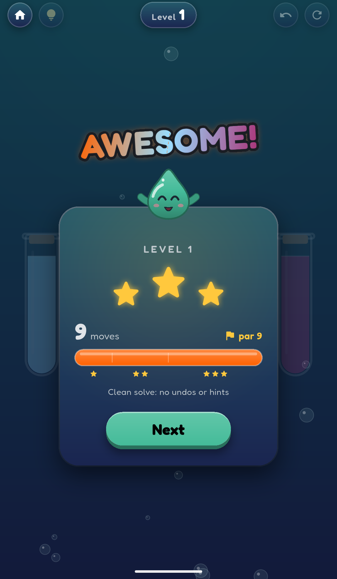 Level complete card reading AWESOME! with three gold stars, a full orange gauge for 9 moves against a par of 9, and Glug cheering on top.