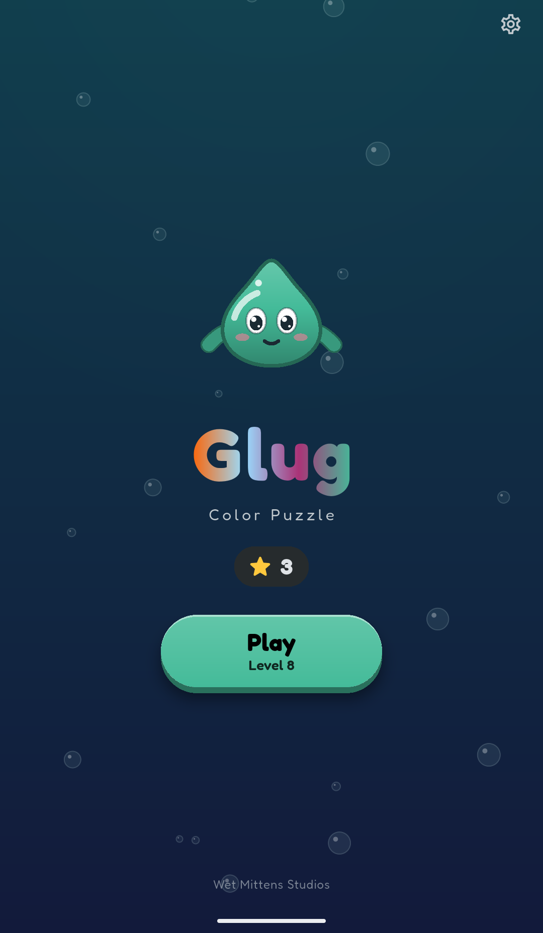 Start screen: Glug the green water drop above the Glug Color Puzzle title, a star total and a big green Play button for level 8.